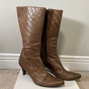 Vintage Bruno Magli Brown Croc-Embossed Mid Calf Boots